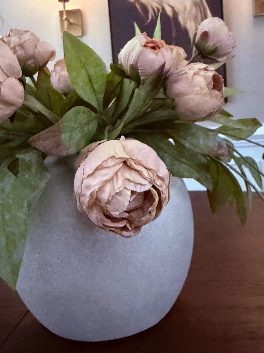 (8) viral Ashland tan peony stems (32 buds total)  from Michael’s w/pottery vase